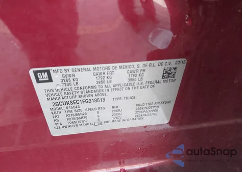 2015 Chevrolet Silverado 1500 2Lz from USA, damaged, VIN 3GCUKSEC1FG318613